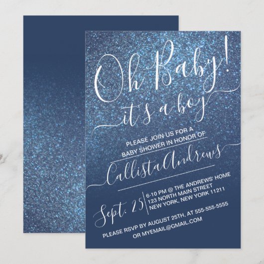 Chic Navy Blue Sparkly Glitter Ombre Baby shower Kaart (Voorkant / Achterkant)