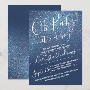 Chic Navy Blue Sparkly Glitter Ombre Baby shower Kaart
