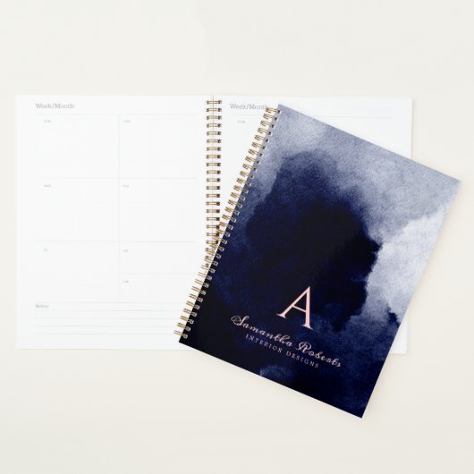 Chic Navy Blue Waterverf Blush Pink Monogram Planner (Display)