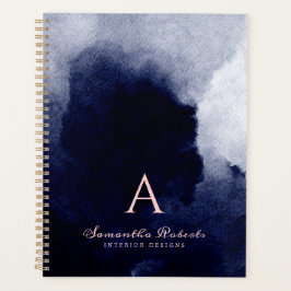 Chic Navy Blue Waterverf Blush Pink Monogram Planner