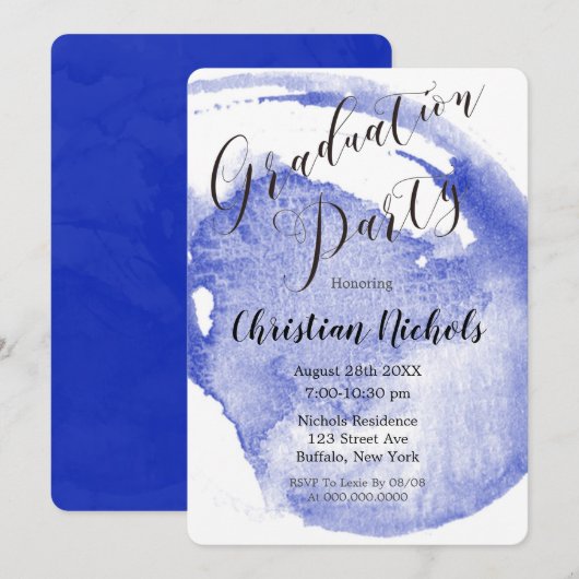 Chic Navy Blue Waterverf Graduation Party Invitat Kaart (Voorkant / Achterkant)