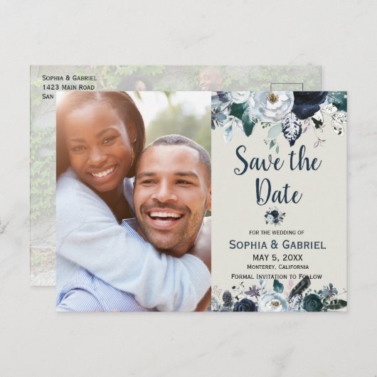 Chic Navy Blue White Flowers Weddenschap Save the  Aankondigingskaart (Voorkant / Achterkant)