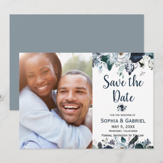 Chic Navy Blue White Flowers Weddenschap Save the  Date (Voorkant / Achterkant)