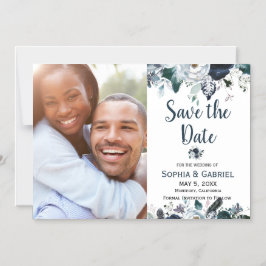 Chic Navy Blue White Flowers Weddenschap Save the  Magnetische Uitnodiging