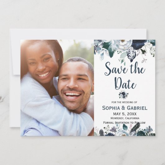 Chic Navy Blue White Flowers Weddenschap Save the  Save The Date (Voorkant)