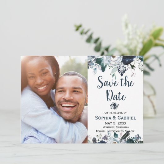 Chic Navy Blue White Flowers Weddenschap Save the  Save The Date (Staand voorkant)