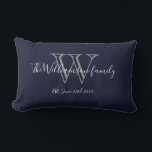 Chic Navy Blue White Monogram Family Keepslag Kussen<br><div class="desc">Chic Navy Blue White Monogram Familie Keepasj Lumbar Pillow. Gepersonaliseerd monogram initiaal met de achternaam en trouwdatum van uw familie in scriptletters op een blauw marinekleur. Maakt een uniek schattig geschenk voor nieuwigheden. Veel plezier voor hun nieuwe leven samen of voor je familiekamer. Klik personaliseren deze sjabloon om het snel...</div>