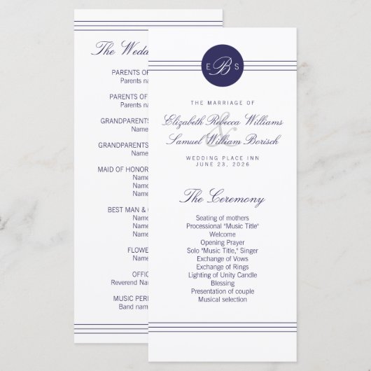 Chic Navy Blue White Monogram Kaarten (Voorkant / Achterkant)