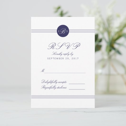 Chic Navy Blue White Monogram Response RSVP Card (Staand voorkant)