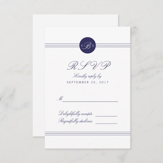 Chic Navy Blue White Monogram Response RSVP Card (Voorkant / Achterkant)