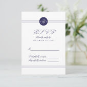 Chic Navy Blue White Monogram Response RSVP Card Kaartje (Staand voorkant)