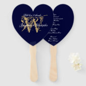Chic Navy Blue & White Monogram Wedding Programme Handwaaier (Voorkant en achterkant)