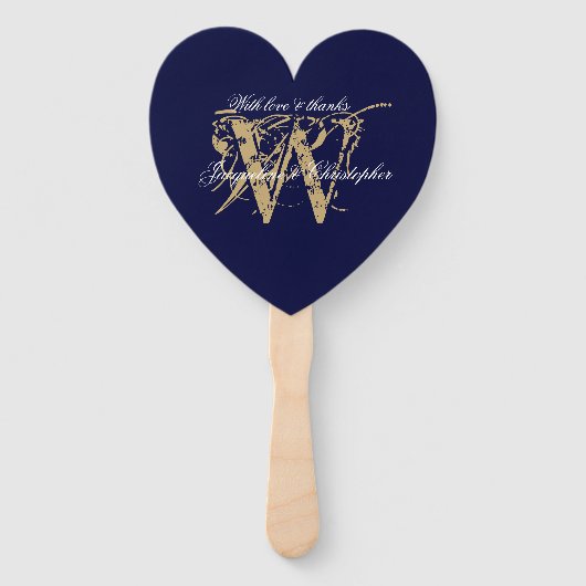 Chic Navy Blue & White Monogram Wedding Programme Handwaaier (Voorkant)
