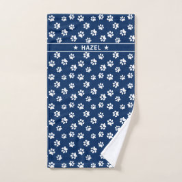 Chic Navy Blue & White Paw Print Custom Dog Towel Handdoek
