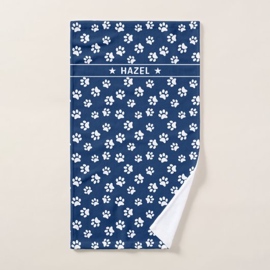 Chic Navy Blue & White Paw Print Custom Dog Towel Handdoek (Handdoek)