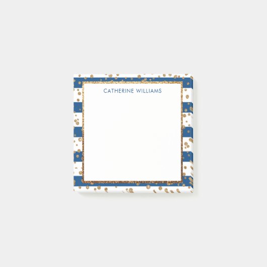 Chic Navy Blue White Stripe Gold Glitter Confetti Post-it® Notes (Voorkant)