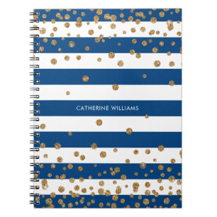 Chic Navy Blue White Stripes Gold Glitter Confetti Notitieboek