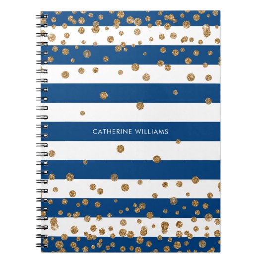 Chic Navy Blue White Stripes Gold Glitter Confetti Notitieboek (Voorkant)