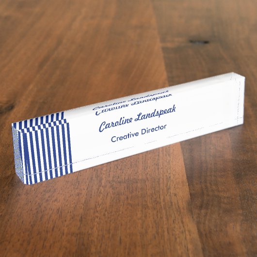 Chic Navy Blue White Stripes | Professional Custom Naambordje (Zijkant)