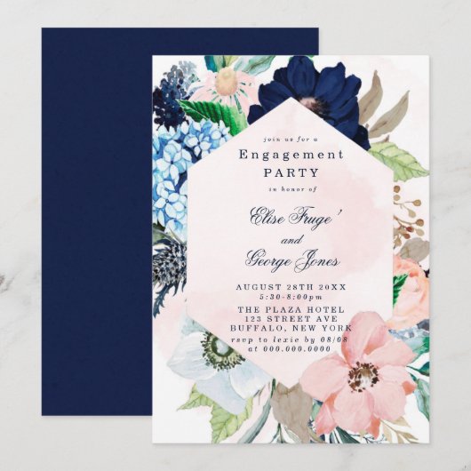 Chic Navy Blush Pink Floral Engagement Party Kaart (Voorkant / Achterkant)