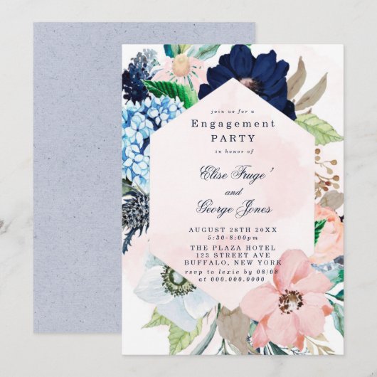 Chic Navy Blush Pink Floral Engagement Party uitno Kaart (Voorkant / Achterkant)