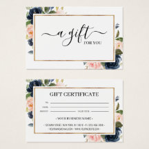 Chic Navy Blush Pink Floral Gift Certificate Kaart