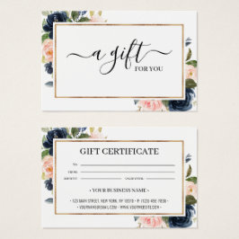 Chic Navy Blush Pink Floral Gift Certificate Kaart