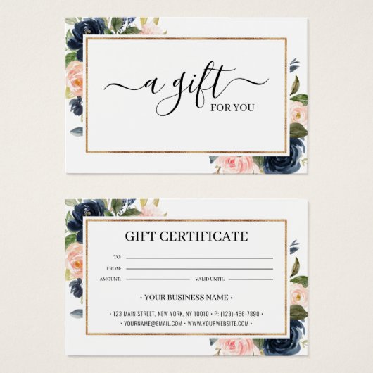 Chic Navy Blush Pink Floral Gift Certificate Kaart (Voorkant /achterkant)