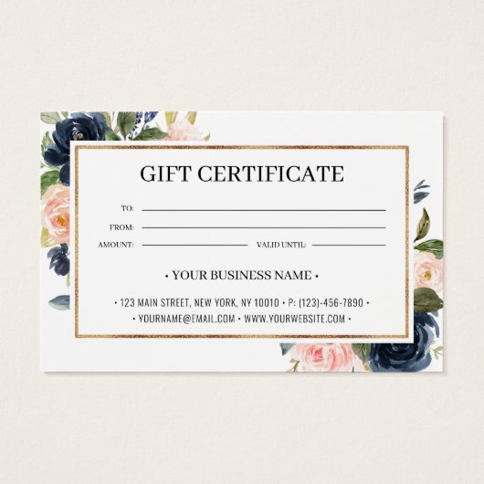 Chic Navy Blush Pink Floral Gift Certificate Kaart (Achterkant)
