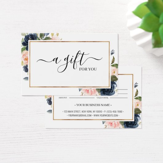 Chic Navy Blush Pink Floral Gift Certificate Kaart (Bureau)