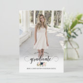 Chic Navy Blush Pink Floral Photo Graduparty Kaart (Staand voorkant)