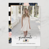 Chic Navy Blush Pink Floral Photo Graduparty Kaart (Voorkant / Achterkant)