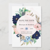 Chic Navy Blush Pink Floral Wedding Save the Date Kaart (Voorkant)