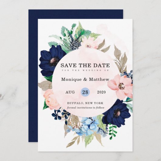 Chic Navy Blush Pink Floral Wedding Save the Date Kaart (Voorkant / Achterkant)