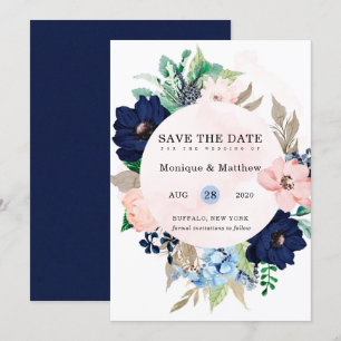 Chic Navy Blush Pink Floral Wedding Save the Date Kaart