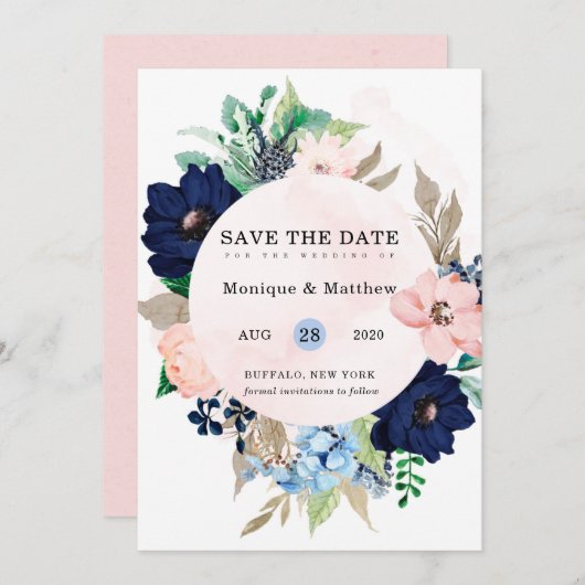 Chic Navy Blush Pink Floral Wedding Save the Date Kaart (Voorkant / Achterkant)