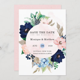 Chic Navy Blush Pink Floral Wedding Save the Date Kaart