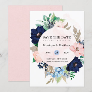 Chic Navy Blush Pink Floral Wedding Save the Date Kaart