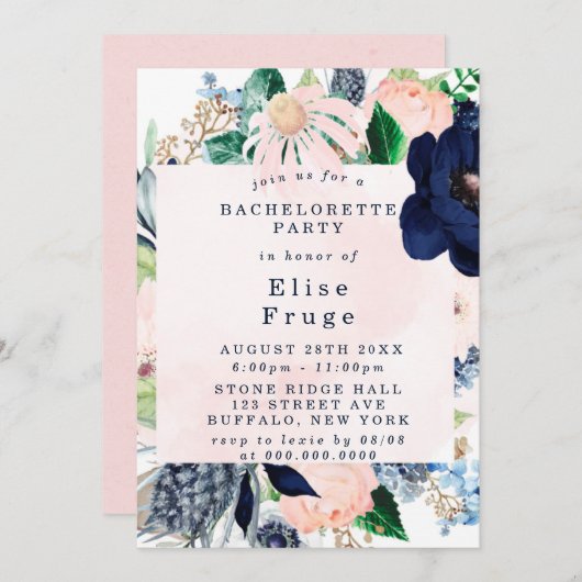 Chic Navy Blush Pink Florals Bachelorette Party Kaart (Voorkant / Achterkant)