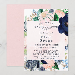 Chic Navy Blush Pink Florals Bachelorette Party Kaart