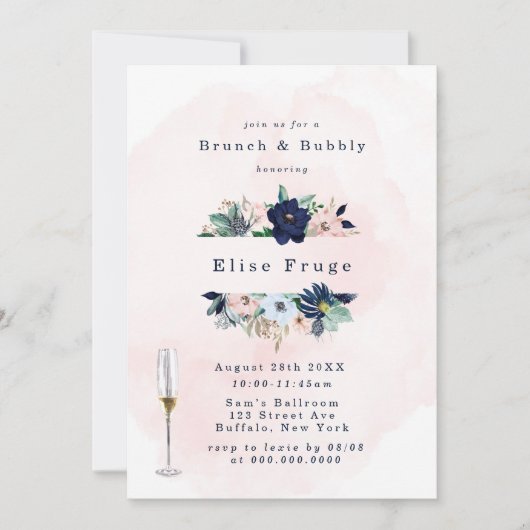 Chic Navy Blush Pink Florals Brunch & Bubble Invga Kaart (Voorkant)