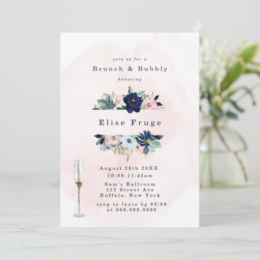 Chic Navy Blush Pink Florals Brunch & Bubble Invga Kaart (Staand voorkant)
