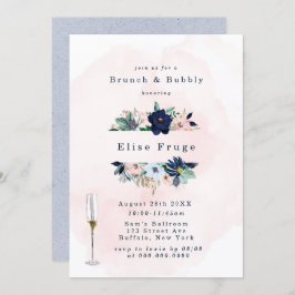Chic Navy Blush Pink Florals Brunch & Bubble Invga Kaart