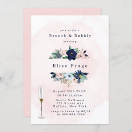 Chic Navy Blush Pink Florals Brunch & Bubble Kaart