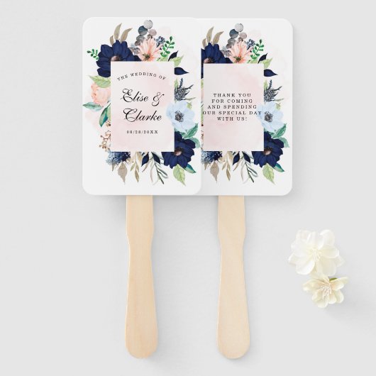 Chic Navy Blush Pink Painted Floral Wedding Bedank Handwaaier (Voorkant en achterkant)