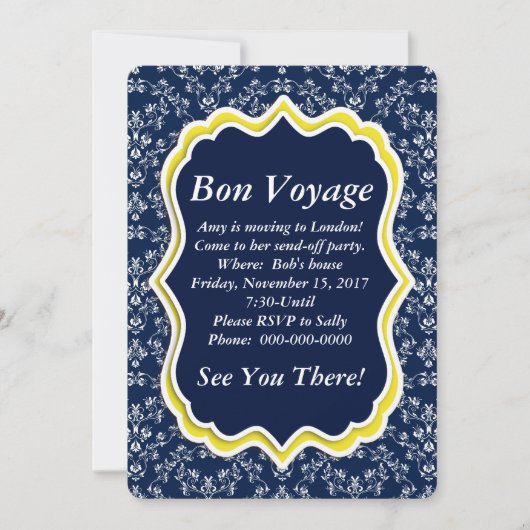 Chic Navy Damask Floral "Bon Voyage" Uitnodiging (Voorkant)