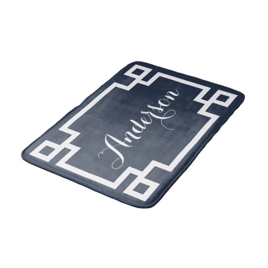 Chic Navy en Witte Griekse Key Custom Monogram Badmat (Gekanteld)