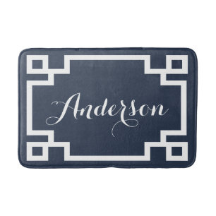 Chic Navy en Witte Griekse Key Custom Monogram Badmat