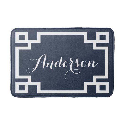Chic Navy en Witte Griekse Key Custom Monogram Badmat (Voorkant)