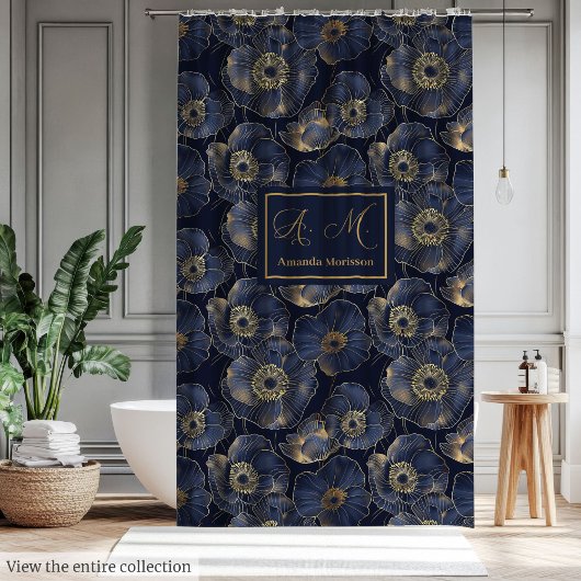 Chic Navy Gold Bathroom Statement Curtain Douchegordijn